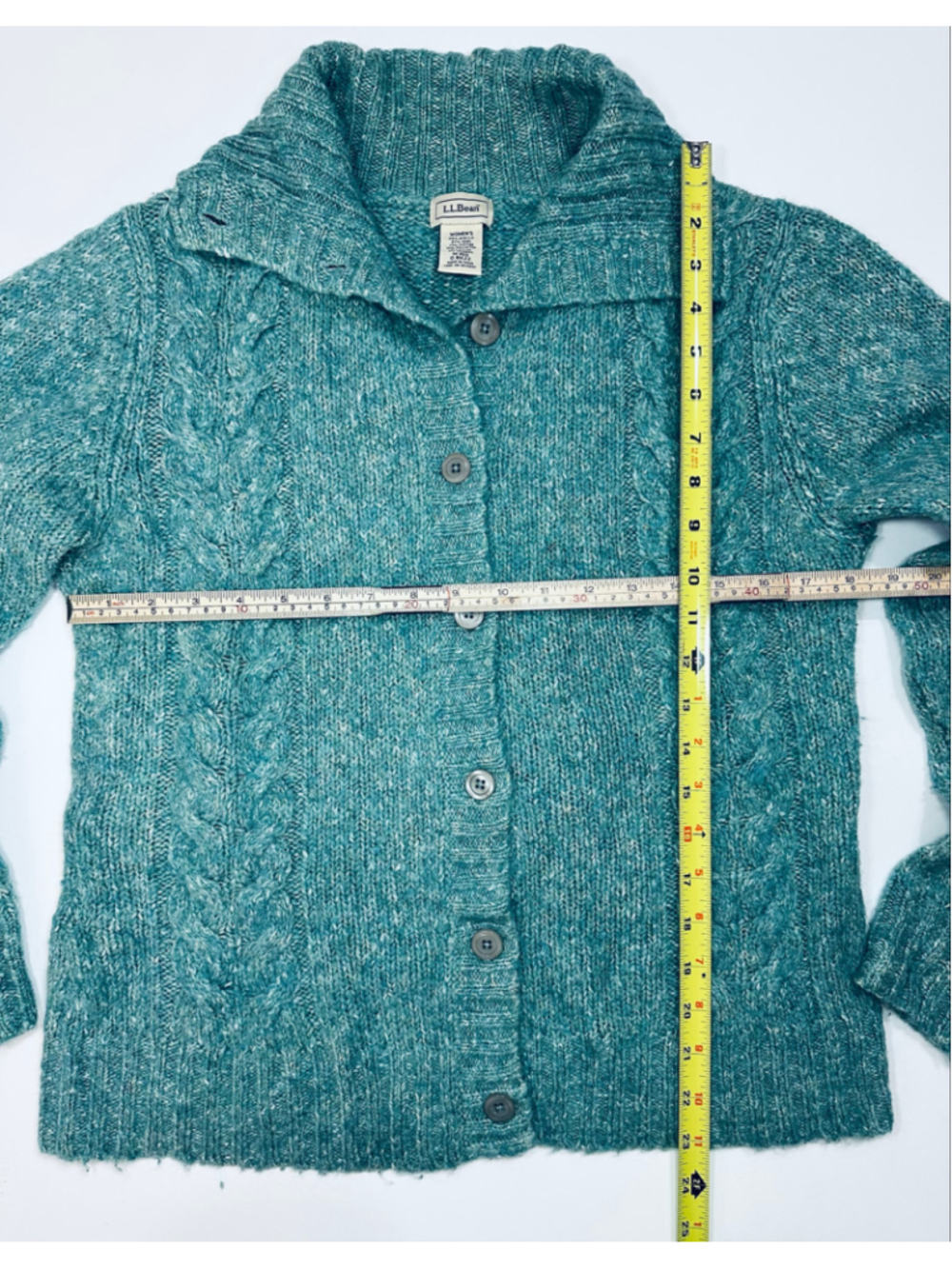 L.L.Bean Teal Cable Knit Button Shawl Collar Cardigan Sweater Women’s Medium - Picture 3 of 11